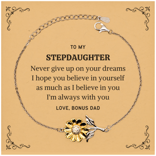 Graduation Stepdaughter Sunflower Bracelet Present from Bonus Dad, Stepdaughter Christmas Birthday Gifts Stepdaughter Never give up on your dreams. I'm always with you. Love, Bonus Dad