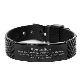 Gifts for Bonus Son Graduation from Bonus Dad, Black Shark Mesh Bracelet Birthday Gifts for Bonus Son Enjoy The Journey, Go confidently in the direction of your dreams. Love, Bonus Dad