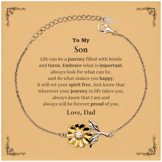 Graduation Sunflower Bracelet for Son from Dad, Long Distance Birthday Christmas Idea for Son wherever your journey in life takes you, I am and always will be forever proud of you. Love, Dad