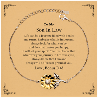 Graduation Sunflower Bracelet for Son In Law from Bonus Dad, Long Distance Birthday Christmas Idea for Son In Law wherever your journey in life takes you, I am and always will be forever proud of you. Love, Bonus Dad