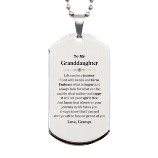 Graduation Silver Dog Tag for Granddaughter from Gramps, Long Distance Birthday Christmas Idea for Granddaughter wherever your journey in life takes you, I am and always will be forever proud of you. Love, Gramps