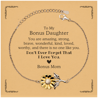 To Bonus Daughter, Don't Ever Forget That I Love You. Gift for Bonus Daughter, Sunflower Bracelet with Card. Motivational Gift From Bonus Mom. Best Idea Gift for Birthday