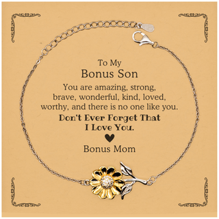 To Bonus Son, Don't Ever Forget That I Love You. Gift for Bonus Son, Sunflower Bracelet with Card. Motivational Gift From Bonus Mom. Best Idea Gift for Birthday