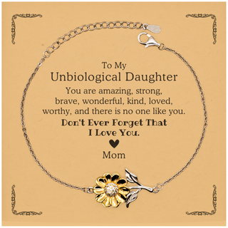 To Unbiological Daughter, Don't Ever Forget That I Love You. Gift for Unbiological Daughter, Sunflower Bracelet with Card. Motivational Gift From Mom. Best Idea Gift for Birthday