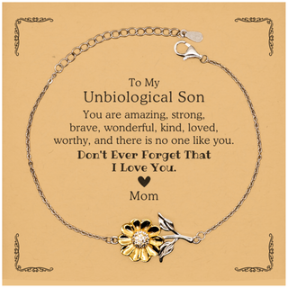 To Unbiological Son, Don't Ever Forget That I Love You. Gift for Unbiological Son, Sunflower Bracelet with Card. Motivational Gift From Mom. Best Idea Gift for Birthday