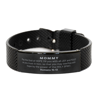 Romans 15:13, God of Hope Joy Peace. Mommy Bible Verse Gift, Christian Black Shark Mesh Bracelet. Christmas Faith Gift for Mommy