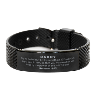 Romans 15:13, God of Hope Joy Peace. Daddy Bible Verse Gift, Christian Black Shark Mesh Bracelet. Christmas Faith Gift for Daddy