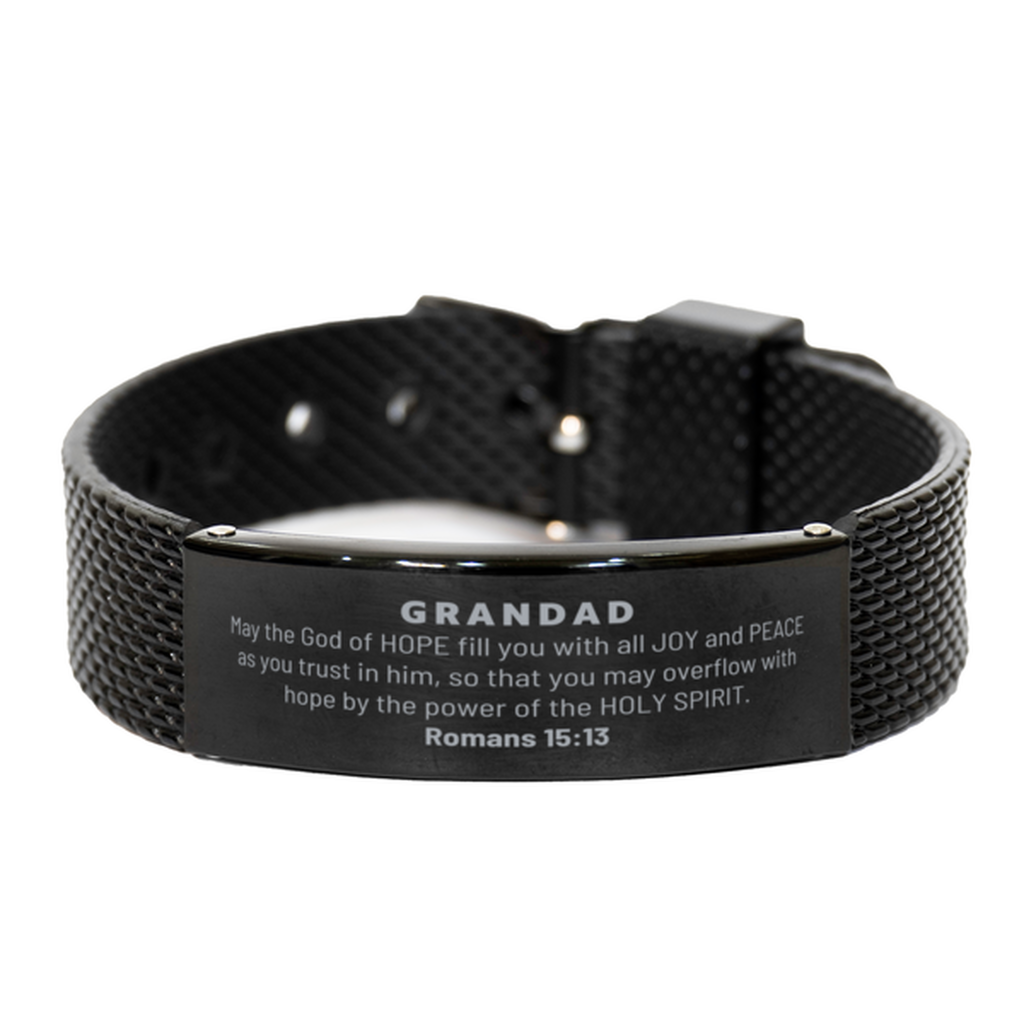 Romans 15:13, God of Hope Joy Peace. Grandad Bible Verse Gift, Christian Black Shark Mesh Bracelet. Christmas Faith Gift for Grandad