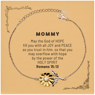 Romans 15:13, God of Hope Joy Peace. Mommy Bible Verse Gift, Christian Sunflower Bracelet with Bible Quote Card. Christmas Faith Gift for Mommy