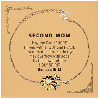 Romans 15:13, God of Hope Joy Peace. Second Mom Bible Verse Gift, Christian Sunflower Bracelet with Bible Quote Card. Christmas Faith Gift for Second Mom