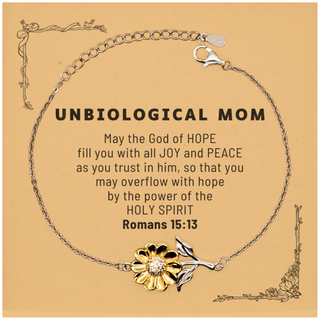 Romans 15:13, God of Hope Joy Peace. Unbiological Mom Bible Verse Gift, Christian Sunflower Bracelet with Bible Quote Card. Christmas Faith Gift for Unbiological Mom