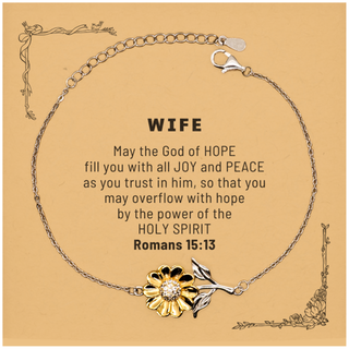 Romans 15:13, God of Hope Joy Peace. Wife Bible Verse Gift, Christian Sunflower Bracelet with Bible Quote Card. Christmas Faith Gift for Wife