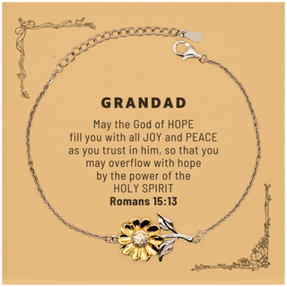 Romans 15:13, God of Hope Joy Peace. Grandad Bible Verse Gift, Christian Sunflower Bracelet with Bible Quote Card. Christmas Faith Gift for Grandad