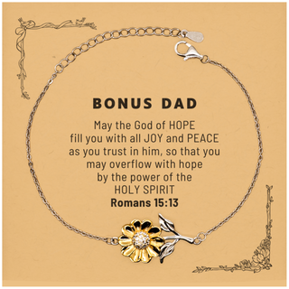 Romans 15:13, God of Hope Joy Peace. Bonus Dad Bible Verse Gift, Christian Sunflower Bracelet with Bible Quote Card. Christmas Faith Gift for Bonus Dad