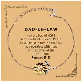 Romans 15:13, God of Hope Joy Peace. Dad-in-law Bible Verse Gift, Christian Sunflower Bracelet with Bible Quote Card. Christmas Faith Gift for Dad-in-law