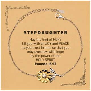 Romans 15:13, God of Hope Joy Peace. Stepdaughter Bible Verse Gift, Christian Sunflower Bracelet with Bible Quote Card. Christmas Faith Gift for Stepdaughter