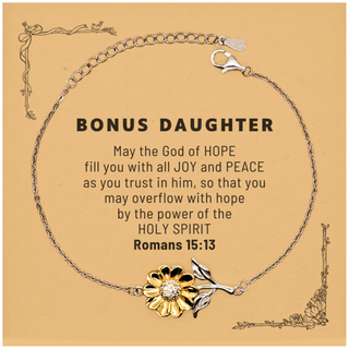 Romans 15:13, God of Hope Joy Peace. Bonus Daughter Bible Verse Gift, Christian Sunflower Bracelet with Bible Quote Card. Christmas Faith Gift for Bonus Daughter