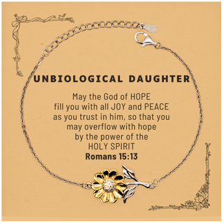 Romans 15:13, God of Hope Joy Peace. Unbiological Daughter Bible Verse Gift, Christian Sunflower Bracelet with Bible Quote Card. Christmas Faith Gift for Unbiological Daughter