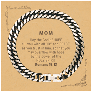 Romans 15:13, God of Hope Joy Peace. Mom Bible Verse Gift, Christian Cuban Link Chain Bracelet with Bible Quote Card. Christmas Faith Gift for Mom