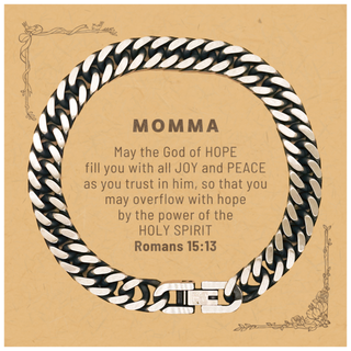 Romans 15:13, God of Hope Joy Peace. Momma Bible Verse Gift, Christian Cuban Link Chain Bracelet with Bible Quote Card. Christmas Faith Gift for Momma