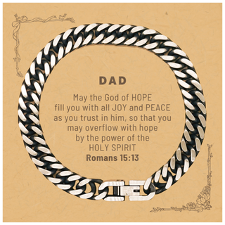 Romans 15:13, God of Hope Joy Peace. Dad Bible Verse Gift, Christian Cuban Link Chain Bracelet with Bible Quote Card. Christmas Faith Gift for Dad