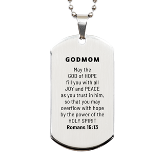 Romans 15:13, God of Hope Joy Peace. Godmom Bible Verse Gift, Christian Silver Dog Tag. Christmas Faith Gift for Godmom