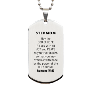 Romans 15:13, God of Hope Joy Peace. Stepmom Bible Verse Gift, Christian Silver Dog Tag. Christmas Faith Gift for Stepmom