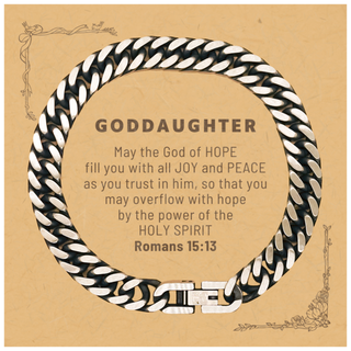 Romans 15:13, God of Hope Joy Peace. Goddaughter Bible Verse Gift, Christian Cuban Link Chain Bracelet with Bible Quote Card. Christmas Faith Gift for Goddaughter