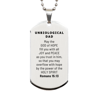 Romans 15:13, God of Hope Joy Peace. Unbiological Dad Bible Verse Gift, Christian Silver Dog Tag. Christmas Faith Gift for Unbiological Dad