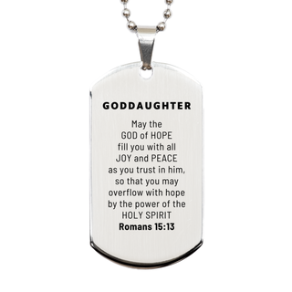 Romans 15:13, God of Hope Joy Peace. Goddaughter Bible Verse Gift, Christian Silver Dog Tag. Christmas Faith Gift for Goddaughter