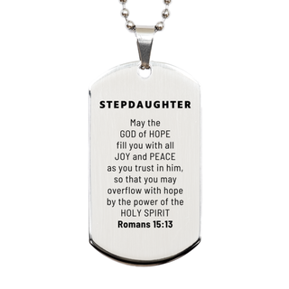 Romans 15:13, God of Hope Joy Peace. Stepdaughter Bible Verse Gift, Christian Silver Dog Tag. Christmas Faith Gift for Stepdaughter