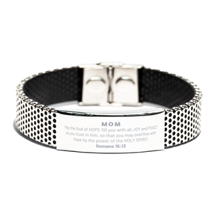 Romans 15:13, God of Hope Joy Peace. Mom Bible Verse Gift, Christian Stainless Steel Bracelet. Christmas Faith Gift for Mom