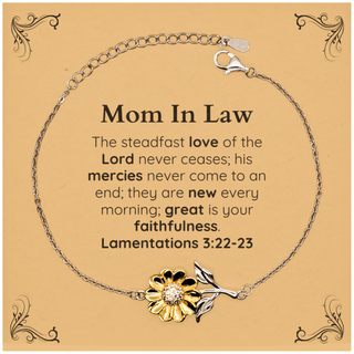 Mom In Law Lamentations 3:22-23 Sunflower Bracelet Christian Scripture for Mom In Law Birthday Christmas The steadfast love of the Lord never ceases; his mercies never come to an end.