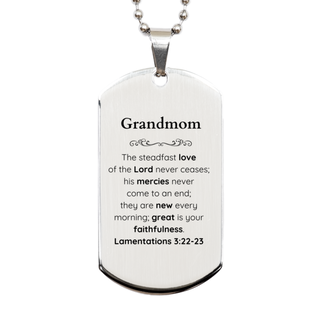 Grandmom Lamentations 3:22-23 Silver Dog Tag Christian Scripture for Grandmom Birthday Christmas The steadfast love of the Lord never ceases; his mercies never come to an end.