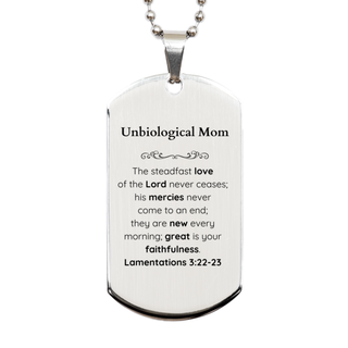 Unbiological Mom Lamentations 3:22-23 Silver Dog Tag Christian Scripture for Unbiological Mom Birthday Christmas The steadfast love of the Lord never ceases; his mercies never come to an end.