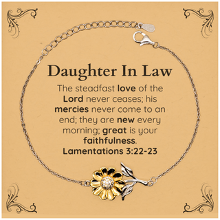 Daughter In Law Lamentations 3:22-23 Sunflower Bracelet Christian Scripture for Daughter In Law Birthday Christmas The steadfast love of the Lord never ceases; his mercies never come to an end.