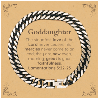 Goddaughter Lamentations 3:22-23 Cuban Link Chain Bracelet Christian Scripture for Goddaughter Birthday Christmas The steadfast love of the Lord never ceases; his mercies never come to an end.