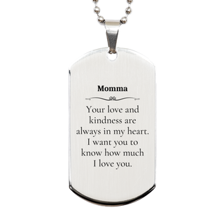 Momma Dog Tag Necklace Engraved with Love and Kindness | Unique Gift for Mothers Day, Birthday, Christmas - Silver Dog Tag for Momma