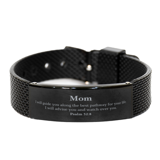 Mom Black Shark Mesh Bracelet - Engraved Psalm 32:8 Inspirational Jewelry for Mothers Day, Christmas, Birthday - Unique Gift for Mom, Hope and Guidance Along Lifes Pathway