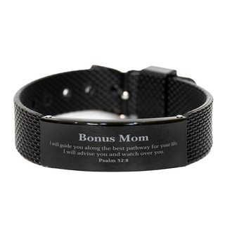 Black Shark Mesh Bracelet for Bonus Mom - Inspirational Psalm 32:8 Gift for Holidays, Christmas, Birthday - Guide and advise along the best pathway for life