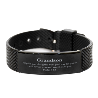 Grandson Psalm 32:8 Black Shark Mesh Bracelet, Inspirational Guidance for Birthday, Graduation, and Holidays