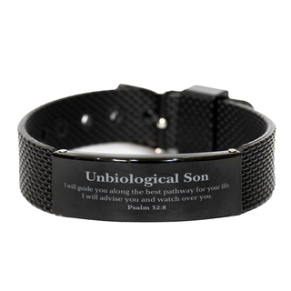 Black Shark Mesh Bracelet for Unbiological Son - Psalm 32:8 Engraved Inspirational Gift for Graduation, Christmas, and Birthday with Confidence and Hope