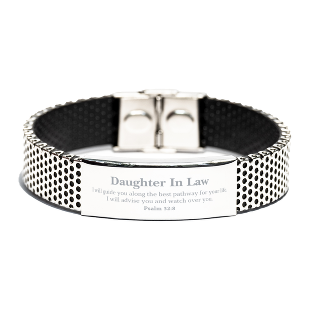 Daughter In Law Stainless Steel Bracelet | Engraved Inspirational Psalm 32:8 Gift for Birthday, Christmas, Graduation - Guidance and Confidence for Daughter In Law