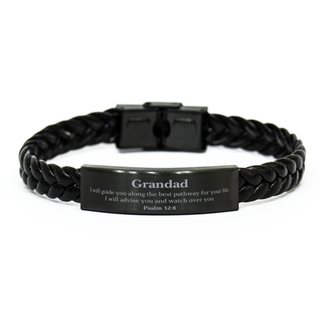 Unique Grandad Braided Leather Bracelet Psalm Inspirational Confidence Gift for Grandads Birthday or Christmas Hope and Guidance from Psalm 32:8