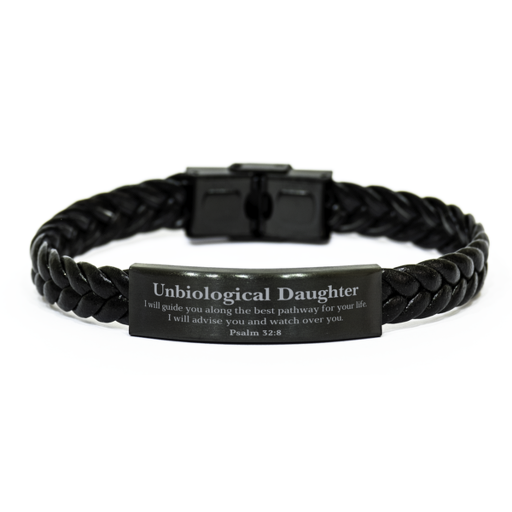 Unbiological Daughter Braided Leather Bracelet - I will guide you along the best pathway for your life. Birthday Gift for Unbiological Daughter, Inspirational Jewelry for Women, Psalm 32:8