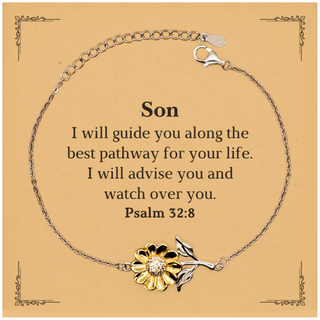 Engraved Inspirational Sunflower Bracelet for Son - Psalm 32:8 Guidance, Confidence, Birthday Gift for Him