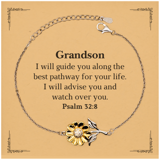 Grandson Engraved Sunflower Bracelet - Psalm 32:8 Inspirational Gift for Graduation, Birthday, Christmas - Guidance and Love for Grandson