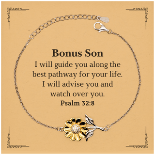 Bonus Son Sunflower Bracelet - Psalm 32:8 Engraved Jewelry for Graduation, Birthday, and Holidays - Inspirational Gift for Bonus Son to Guide and Advise Him along the Best Pathway for His Life