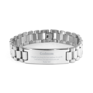 Godmom Stainless Steel Bracelet - Psalm 32:8 Engraved Gift for Christmas Holidays and Birthday, Inspirational Jewelry for Confidence and Hope