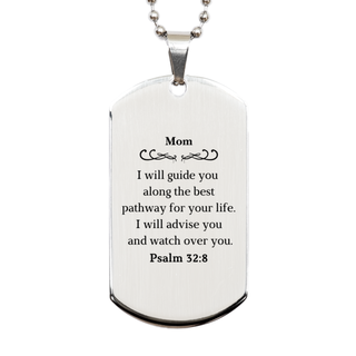 Mom Engraved Silver Dog Tag - Inspirational Psalm 32:8 Gift for Mothers Day, Birthday, Christmas - Unique Mom Guidance and Protection Jewelry